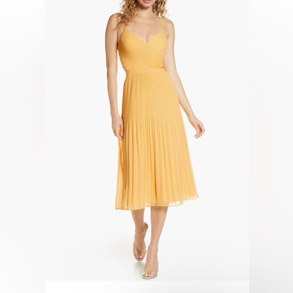 Ali + Jay chiffon yellow cocktail dress with cutout detail